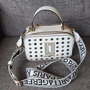 Karl Lagerfeld Paris Simone Bag Studded Gold Satchel Crossbody Leather NWT